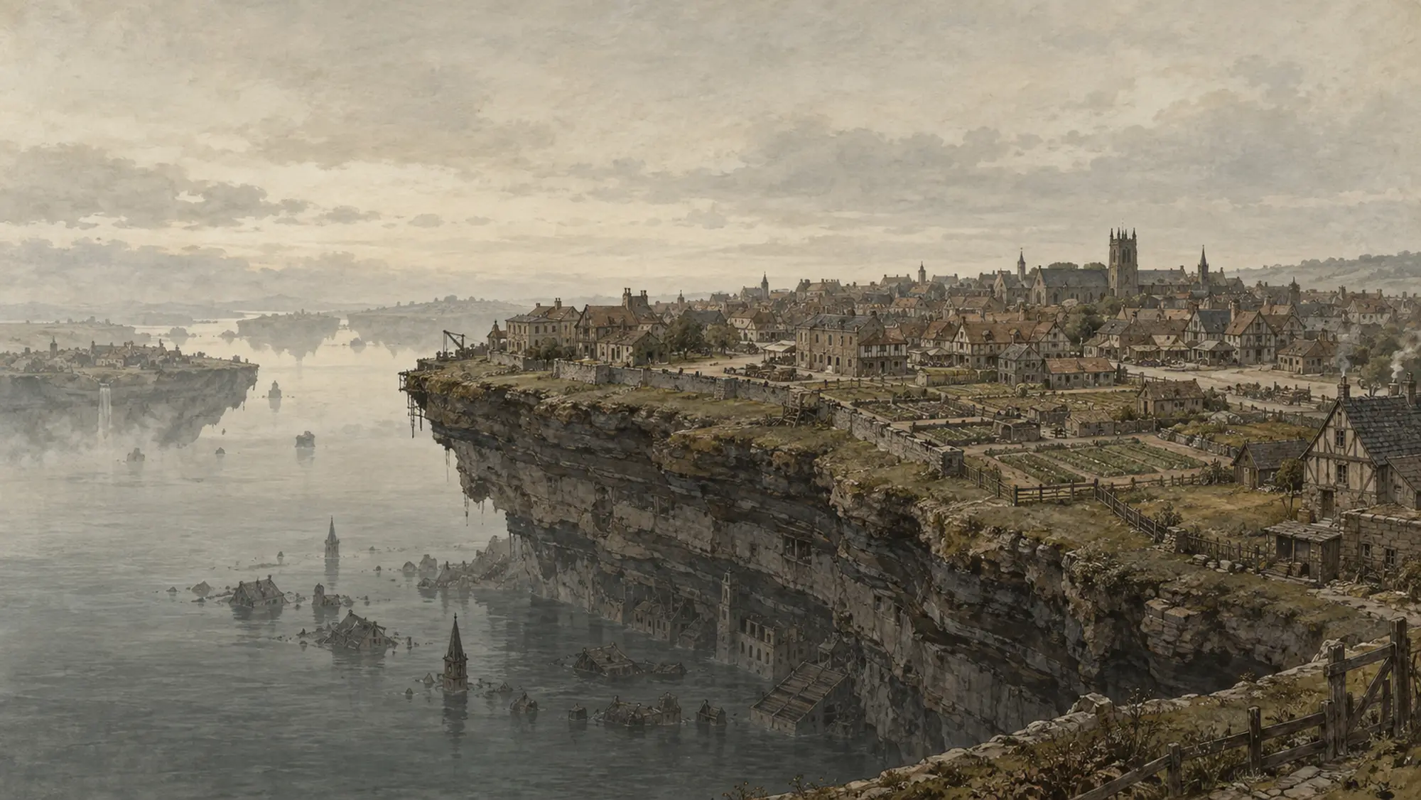 A painted view of a walled town on a rock shelf whose cliff edge drops into grey water, with half-sunk roofs and a church spire below the waterline and another shelf in the mist.